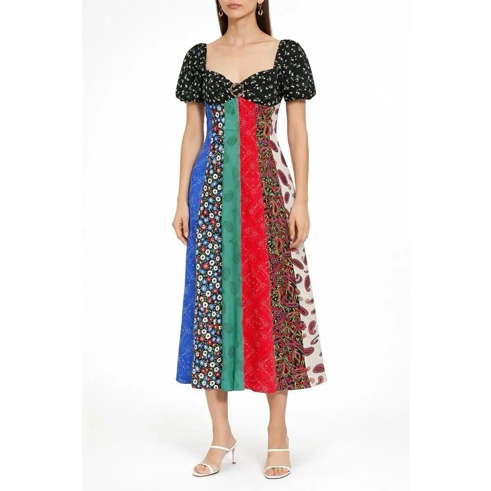 Rixo Silk Patchwork Midi Dress US 10 Multicolor Puff Sleeve Lined Floral Print